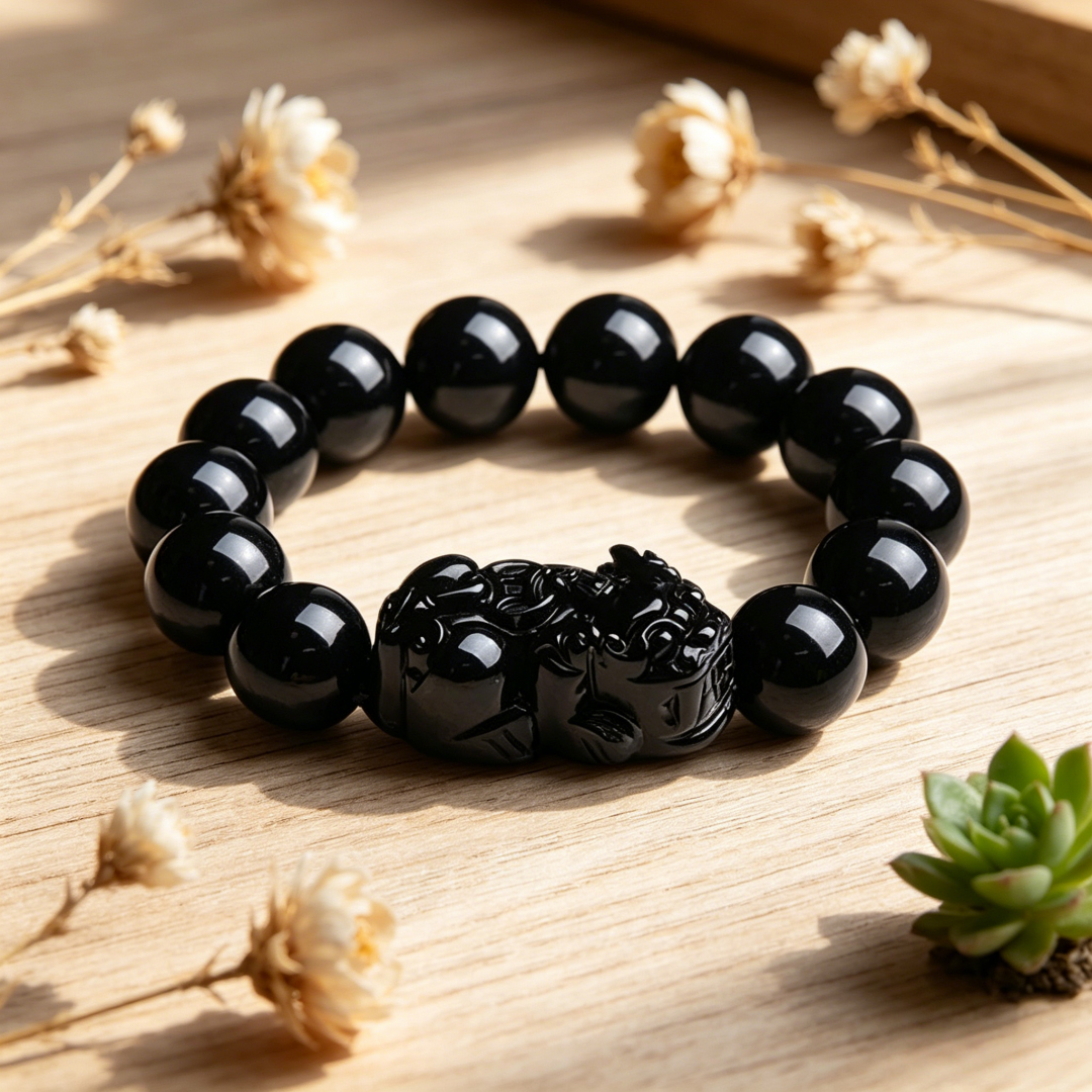 Daily wear natural black obsidian pixiu bracelet feng shui abundance luck energy protection crystal beads