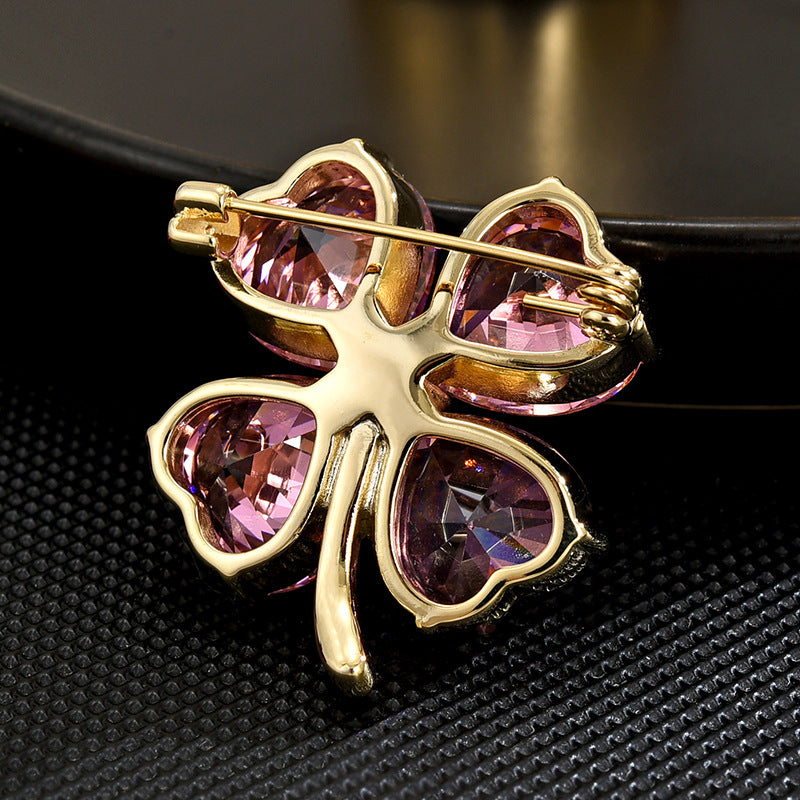 Four-leaf Clover Brooch Pin,Pink Crystal XXB007