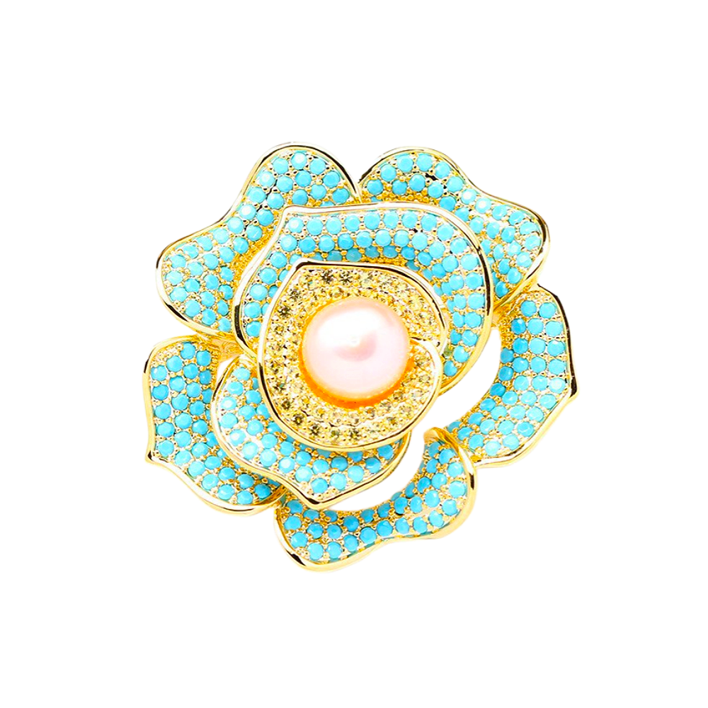 Genuine natural freshwater pearl cubic zirconia blue rose brooch for women, elegant rose flower brooch & pin brooch, premium luxury fashion jewelry, ideal wedding accessory and nice jewelry gift for her