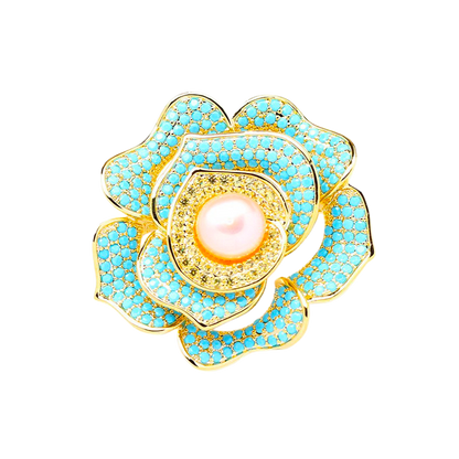 Genuine natural freshwater pearl cubic zirconia blue rose brooch for women, elegant rose flower brooch & pin brooch, premium luxury fashion jewelry, ideal wedding accessory and nice jewelry gift for her
