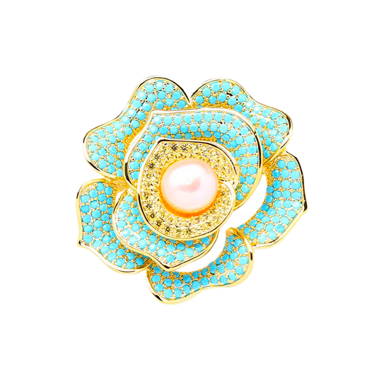 Genuine natural freshwater pearl cubic zirconia blue rose brooch for women, elegant rose flower brooch & pin brooch, premium luxury fashion jewelry, ideal wedding accessory and nice jewelry gift for her