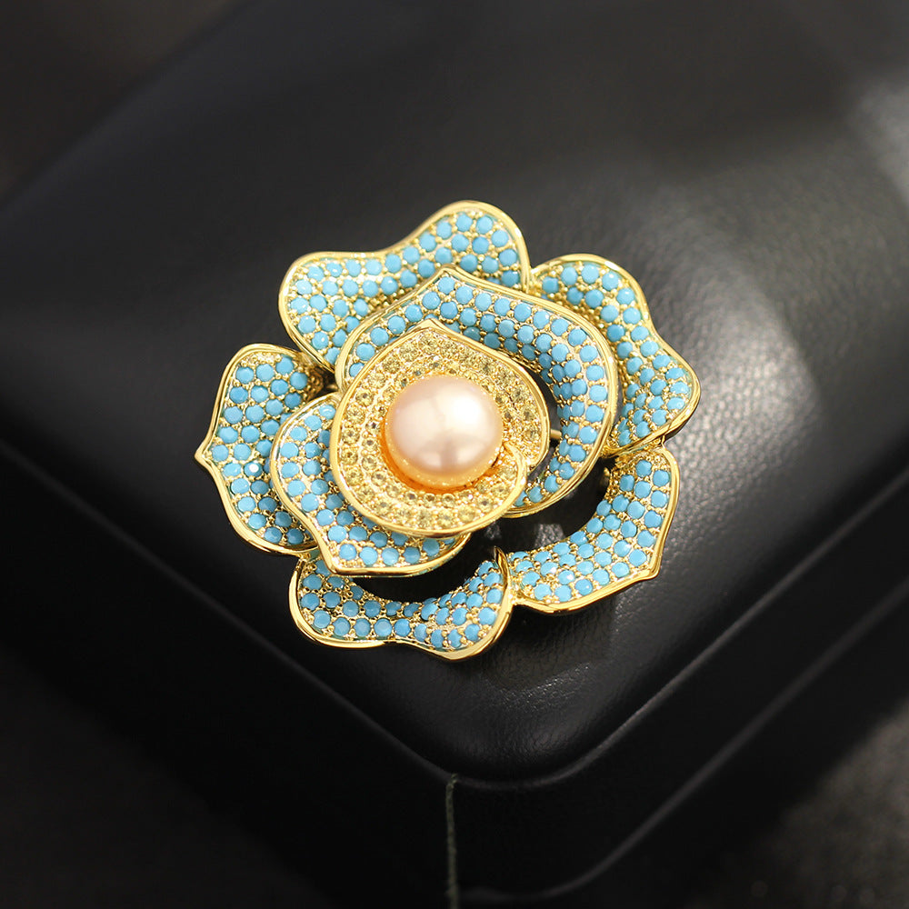 Stylish cubic zirconia blue rose brooch embedded genuine freshwater pearl, timeless vintage brooch design, premium luxury fashion jewelry, perfect wedding accessory for formal dress