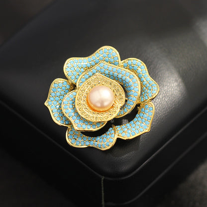 Stylish cubic zirconia blue rose brooch embedded genuine freshwater pearl, timeless vintage brooch design, premium luxury fashion jewelry, perfect wedding accessory for formal dress