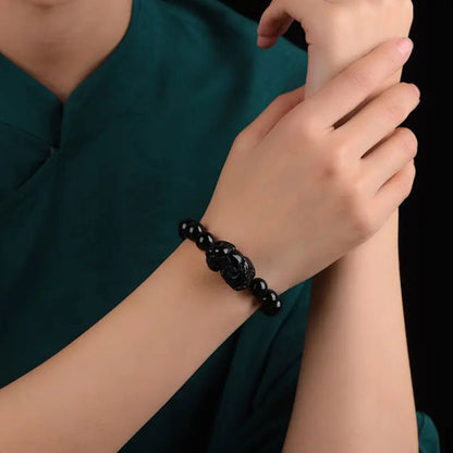 Black obsidian pixiu carving bracelet natural feng shui wealth amulet stress relief protection crystal