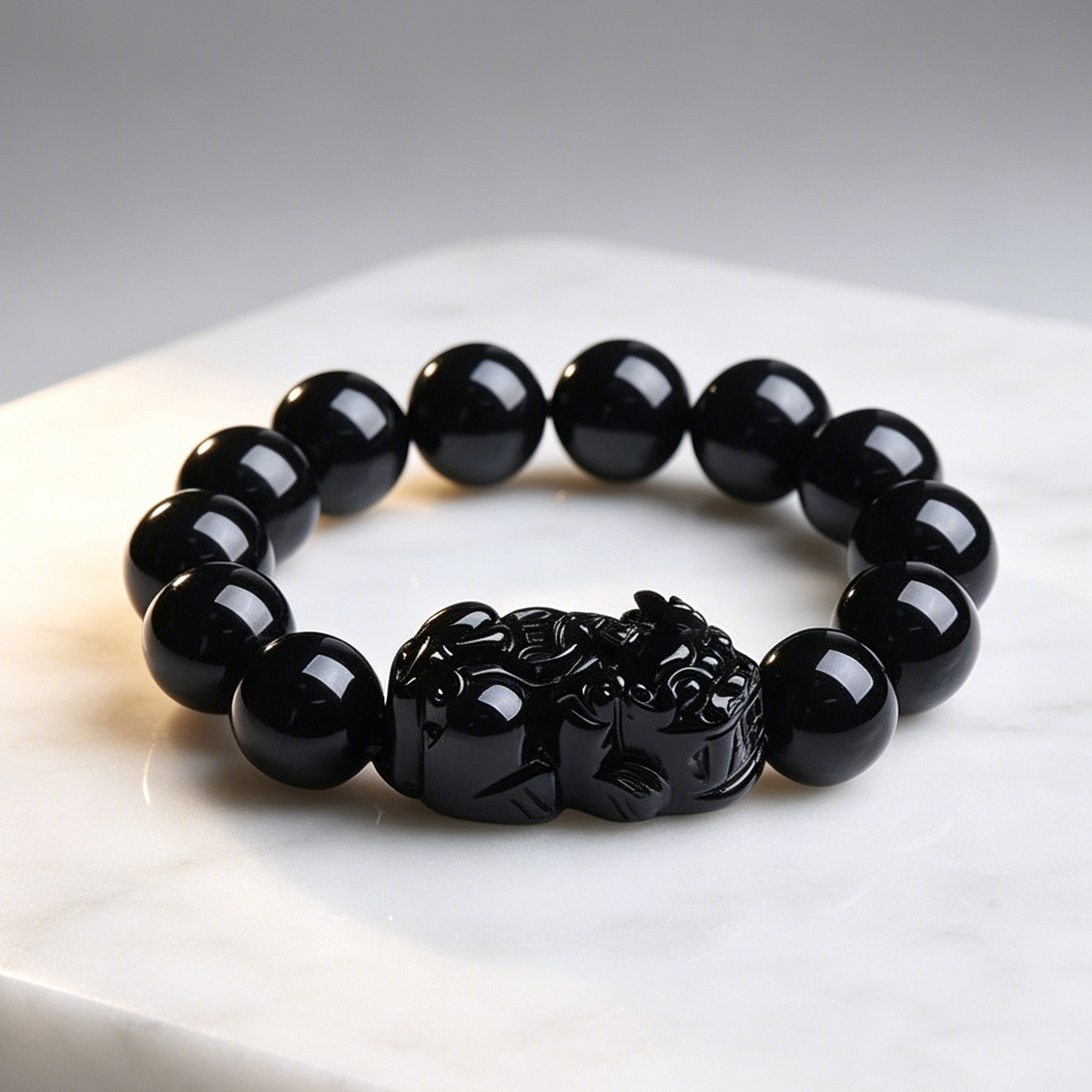 Women men feng shui wealth bracelet natural black obsidian pixiu carved healing protection stone wristband