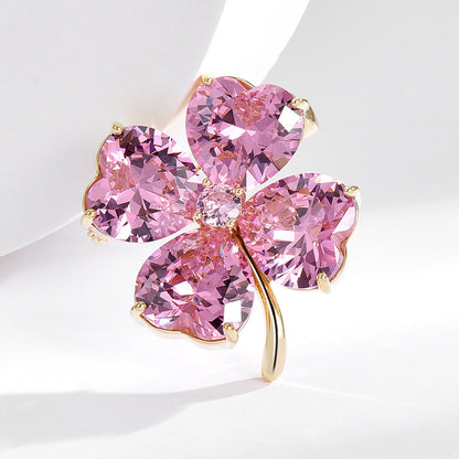 Four-leaf Clover Brooch Pin,Pink Crystal XXB007