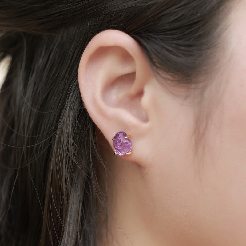 Natural Pink Purple Crystal Four-Claw S925 Sterling Silver Stud Earrings for Women  XXE0003
