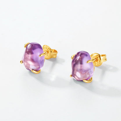 Natural Pink Purple Crystal Four-Claw S925 Sterling Silver Stud Earrings for Women  XXE0003