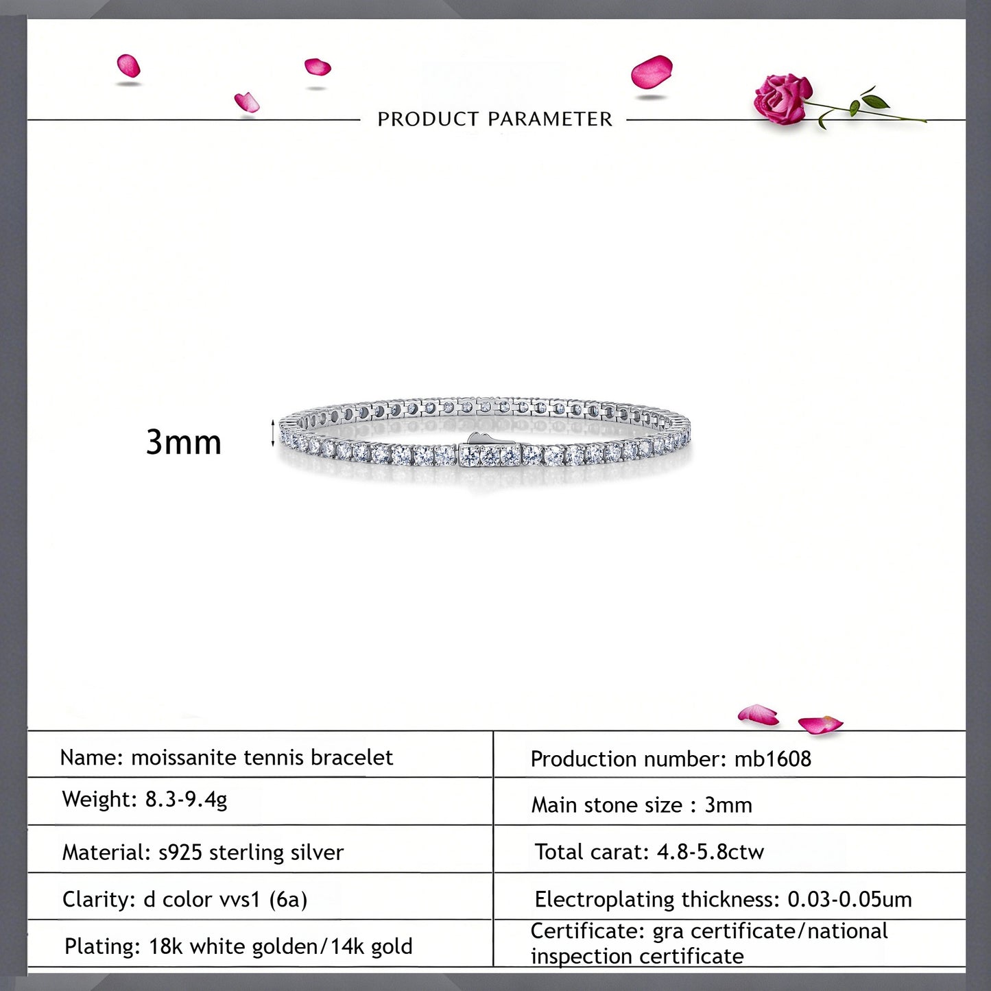 3mm D‑VVS1 Moissanite Diamond Tennis Bracelet XXS001