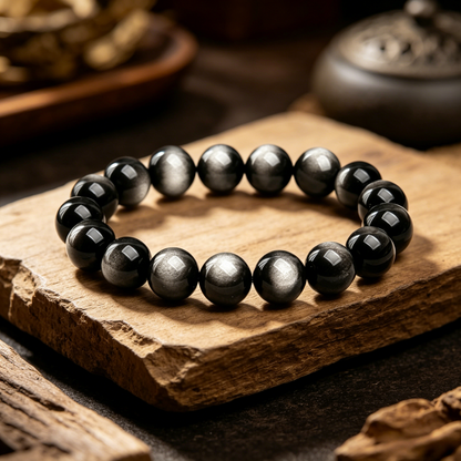 Natural stone bracelet silver obsidian bracelet energy beads bracelet feng shui bracelet original for daily spiritual protection