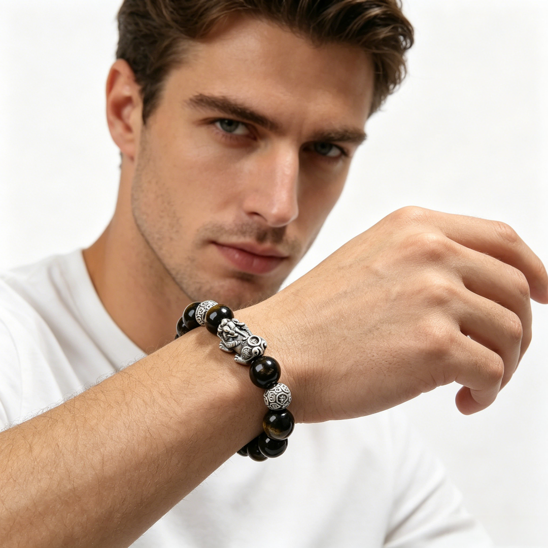Unisex lucky bead bracelet S999 silver pixiu golden obsidian beads, magnetic energy beads ward off villains attract steady abundance