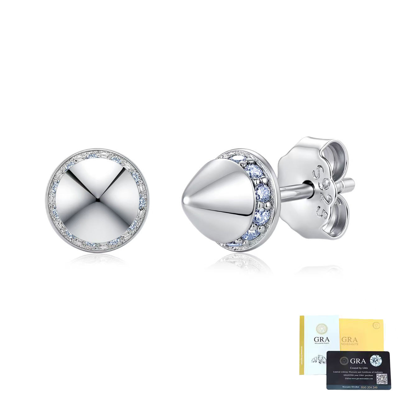 silver stud earring rivet design moissanite GRA certificate