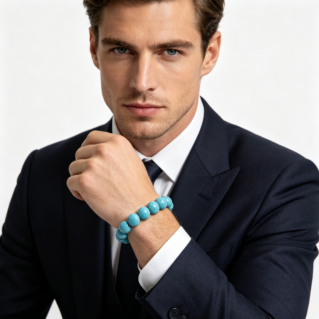 Men wearing unisex stretch turquoise crystal bracelet, natural genuine turquoise stone jewelry daily wear accessory
