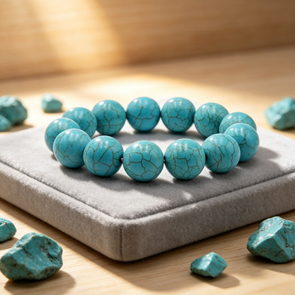 14mm natural turquoise stretch bracelet, premium AAA grade genuine turquoise wellness jewelry