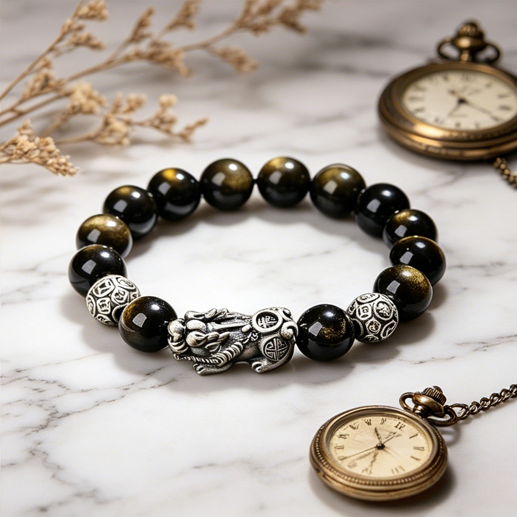 Natural Golden obsidian stone With Pi Xiu bracelet in S999 Silver For Men, 10mm 12mm 14mm gemstone string bracelet Protective Charm Bracelet feng shui wealth talisman