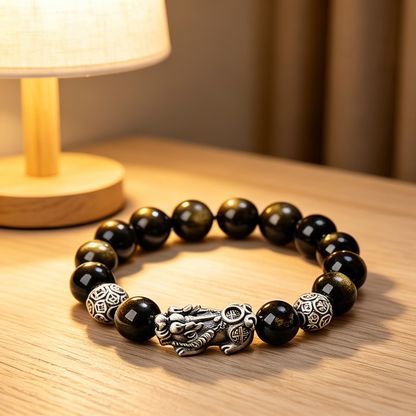 Feng shui Pi Xiu golden obsidian bracelet for men, S999 sterling silver accessory grounding energy stone stop money loss crystal bead bracelet
