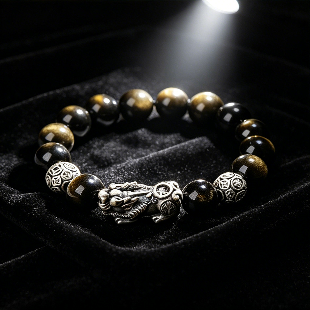 Natural golden sheen obsidian bead bracelet with silver pixiu charm, 10mm-14mm elastic stone bracelet metaphysical aura protection amulet for businessman