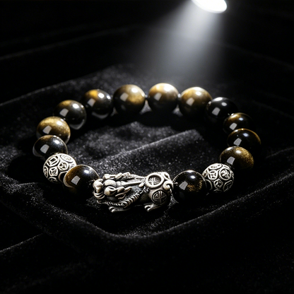 Natural golden sheen obsidian bead bracelet with silver pixiu charm, 10mm-14mm elastic stone bracelet metaphysical aura protection amulet for businessman