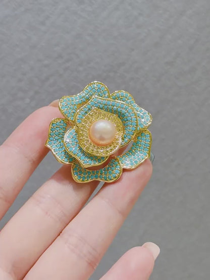Women’s blue rose shaped cubic zirconia brooch inlaid natural freshwater pearl, trending brooches for women, classic vintage brooch, thoughtful birthday gift and exquisite fashion accessory