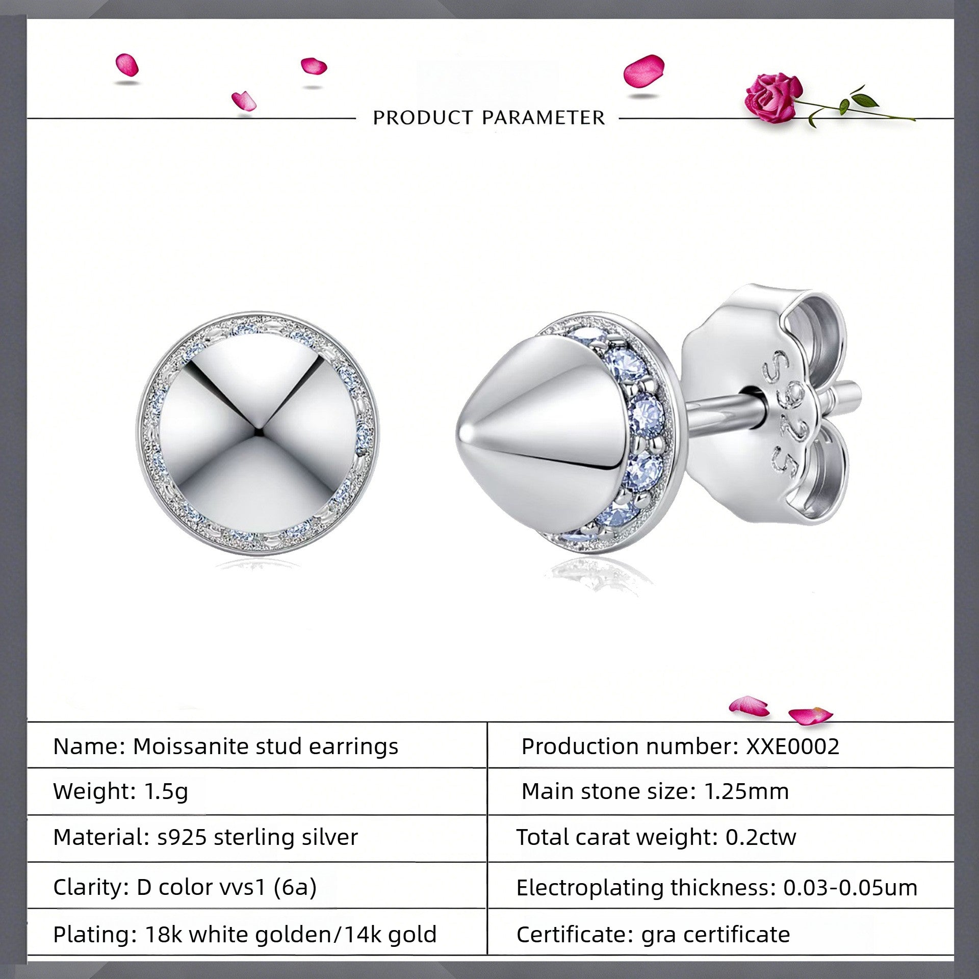 silver earring set rivet style moissanite 925 sterling silver