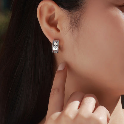 white four leaf clover earrings moissanite pave hoop